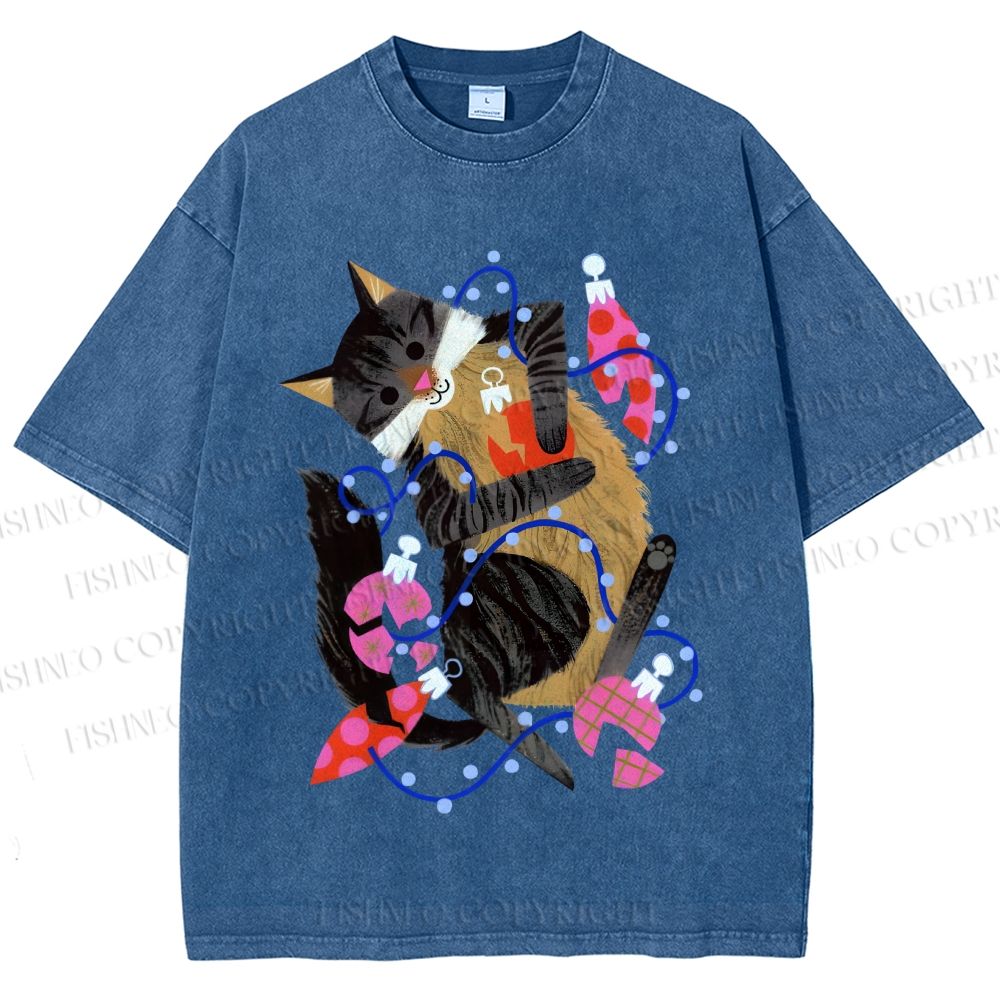 Unisex Cat Wrapped in Christmas Lights Printed Washed Tee