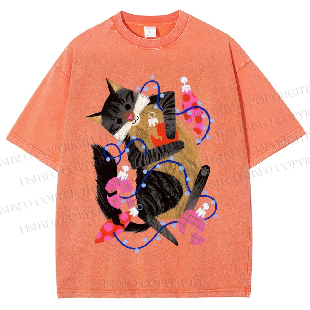 Unisex Cat Wrapped in Christmas Lights Printed Washed Tee