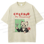 Unisex Vintage Cat Bar Cheerio Christmas Printed Washed Tee