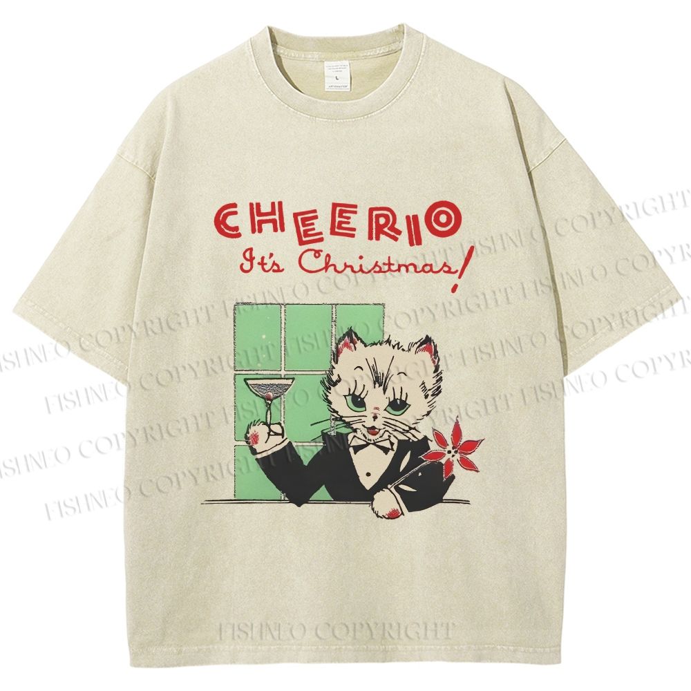 Unisex Vintage Cat Bar Cheerio Christmas Printed Washed Tee