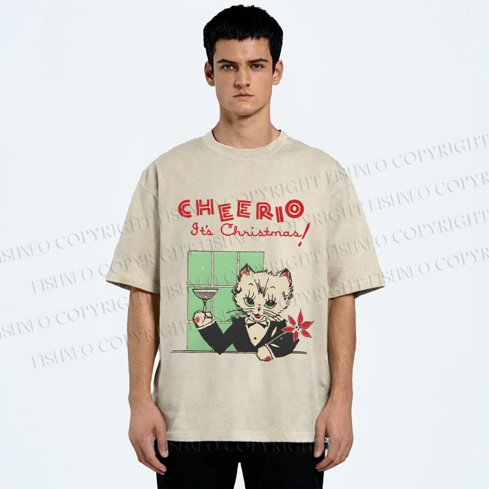 Unisex Vintage Cat Bar Cheerio Christmas Printed Washed Tee