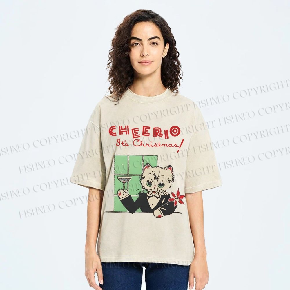 Unisex Vintage Cat Bar Cheerio Christmas Printed Washed Tee