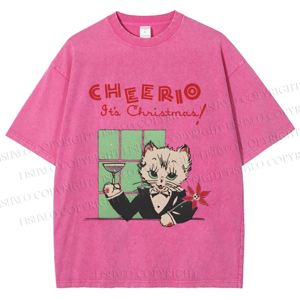 Unisex Vintage Cat Bar Cheerio Christmas Printed Washed Tee