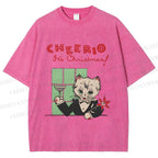 Unisex Vintage Cat Bar Cheerio Christmas Printed Washed Tee