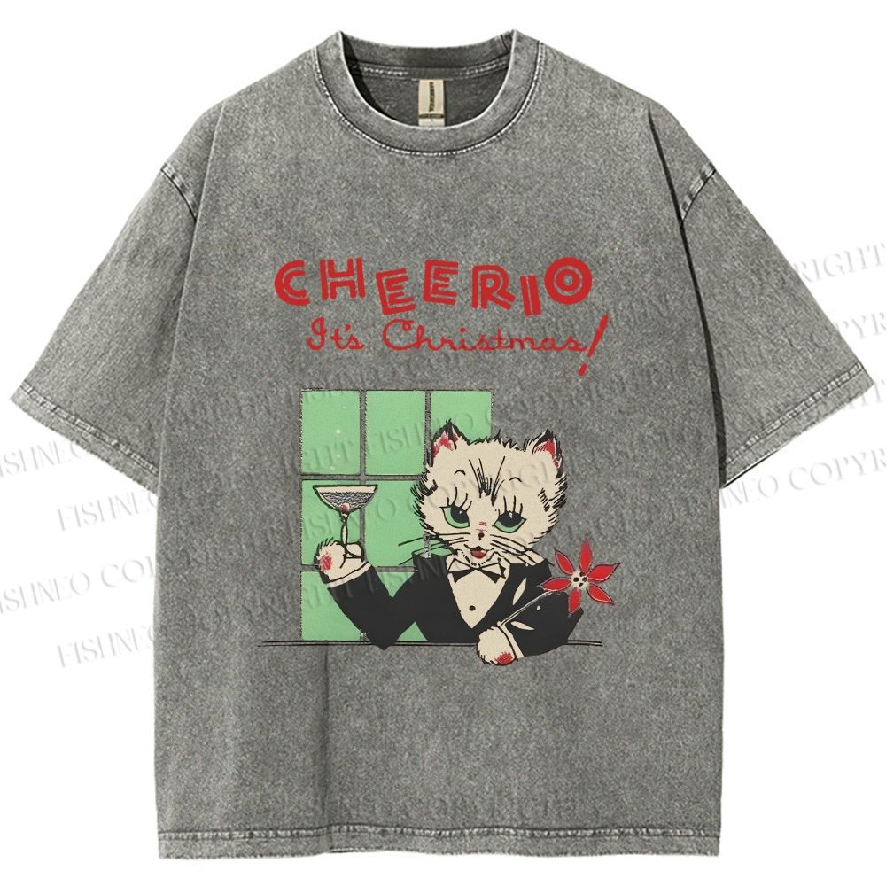 Unisex Vintage Cat Bar Cheerio Christmas Printed Washed Tee