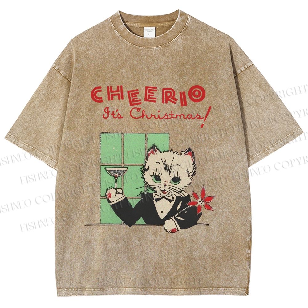 Unisex Vintage Cat Bar Cheerio Christmas Printed Washed Tee