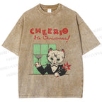 Unisex Vintage Cat Bar Cheerio Christmas Printed Washed Tee