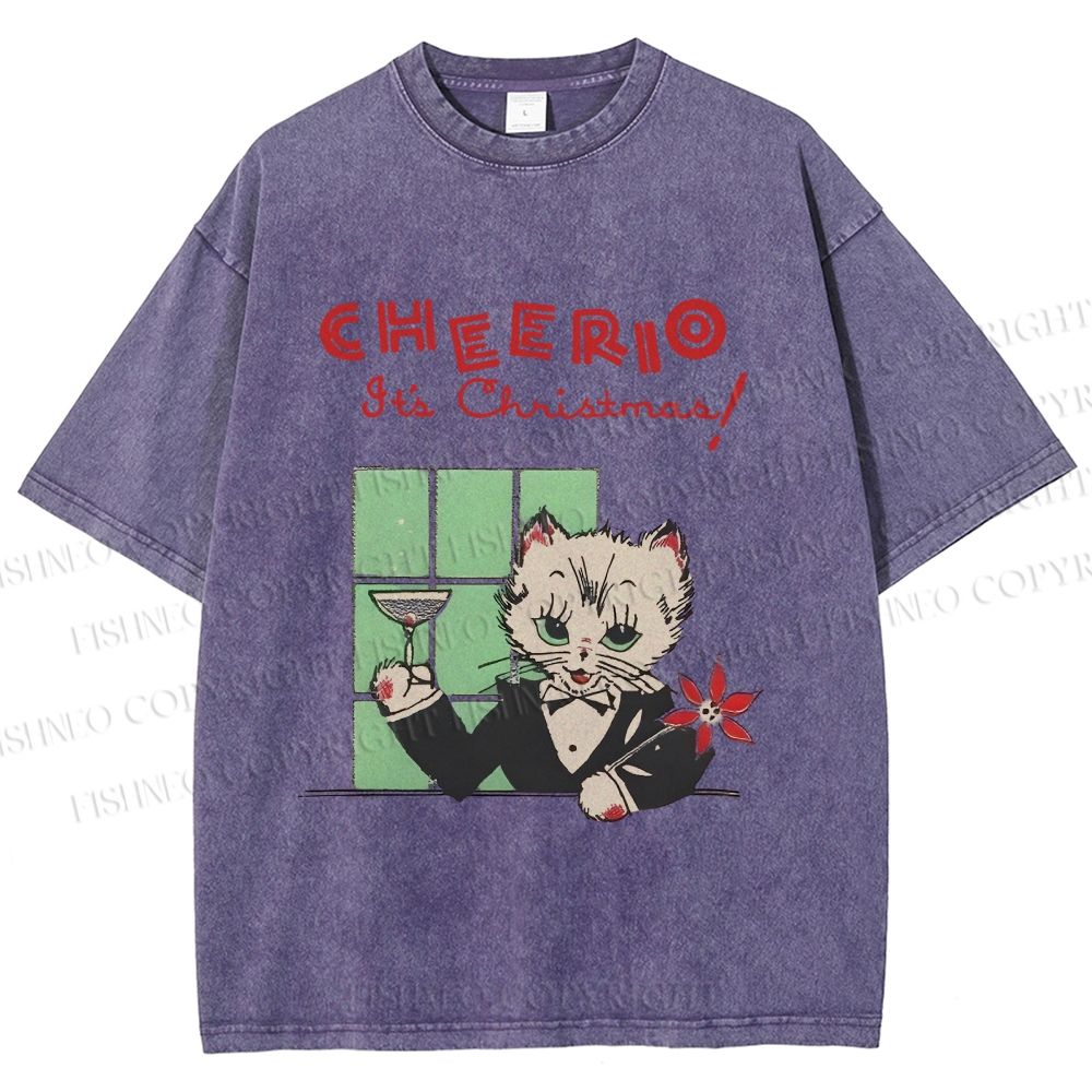 Unisex Vintage Cat Bar Cheerio Christmas Printed Washed Tee