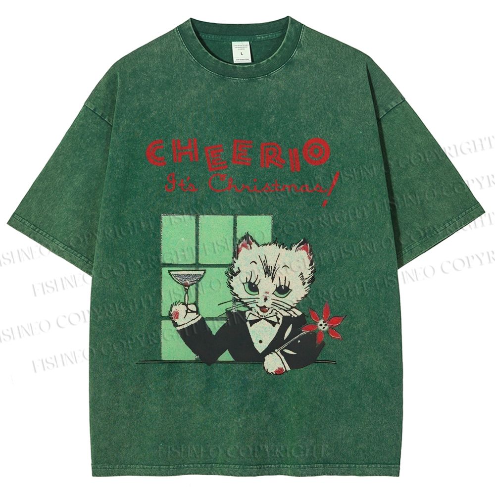 Unisex Vintage Cat Bar Cheerio Christmas Printed Washed Tee