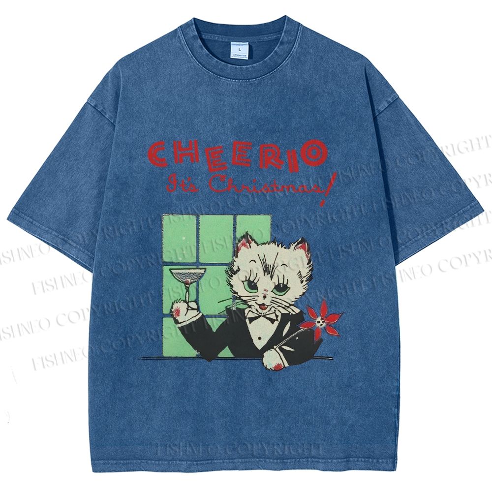 Unisex Vintage Cat Bar Cheerio Christmas Printed Washed Tee