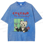 Unisex Vintage Cat Bar Cheerio Christmas Printed Washed Tee