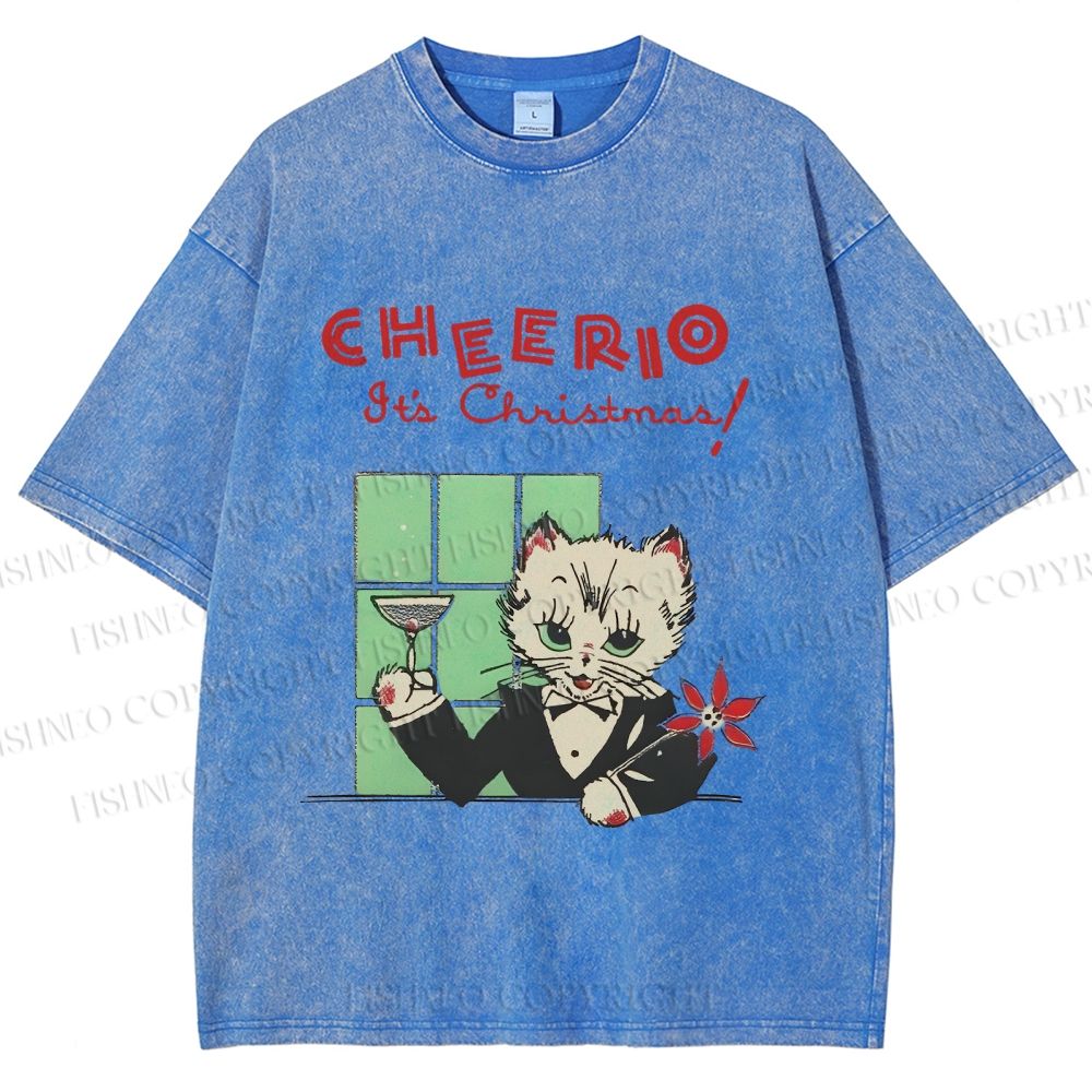 Unisex Vintage Cat Bar Cheerio Christmas Printed Washed Tee