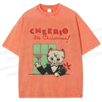 Unisex Vintage Cat Bar Cheerio Christmas Printed Washed Tee