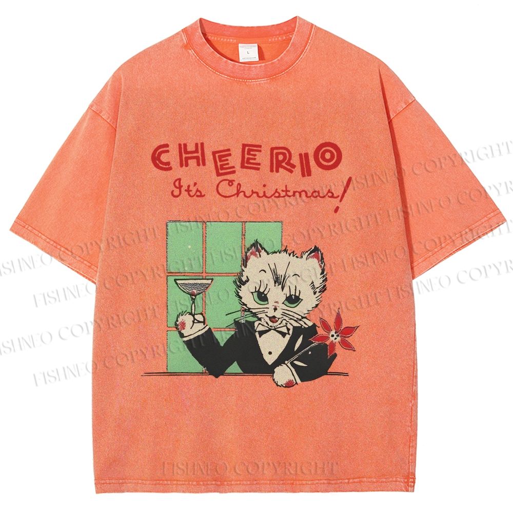 Unisex Vintage Cat Bar Cheerio Christmas Printed Washed Tee