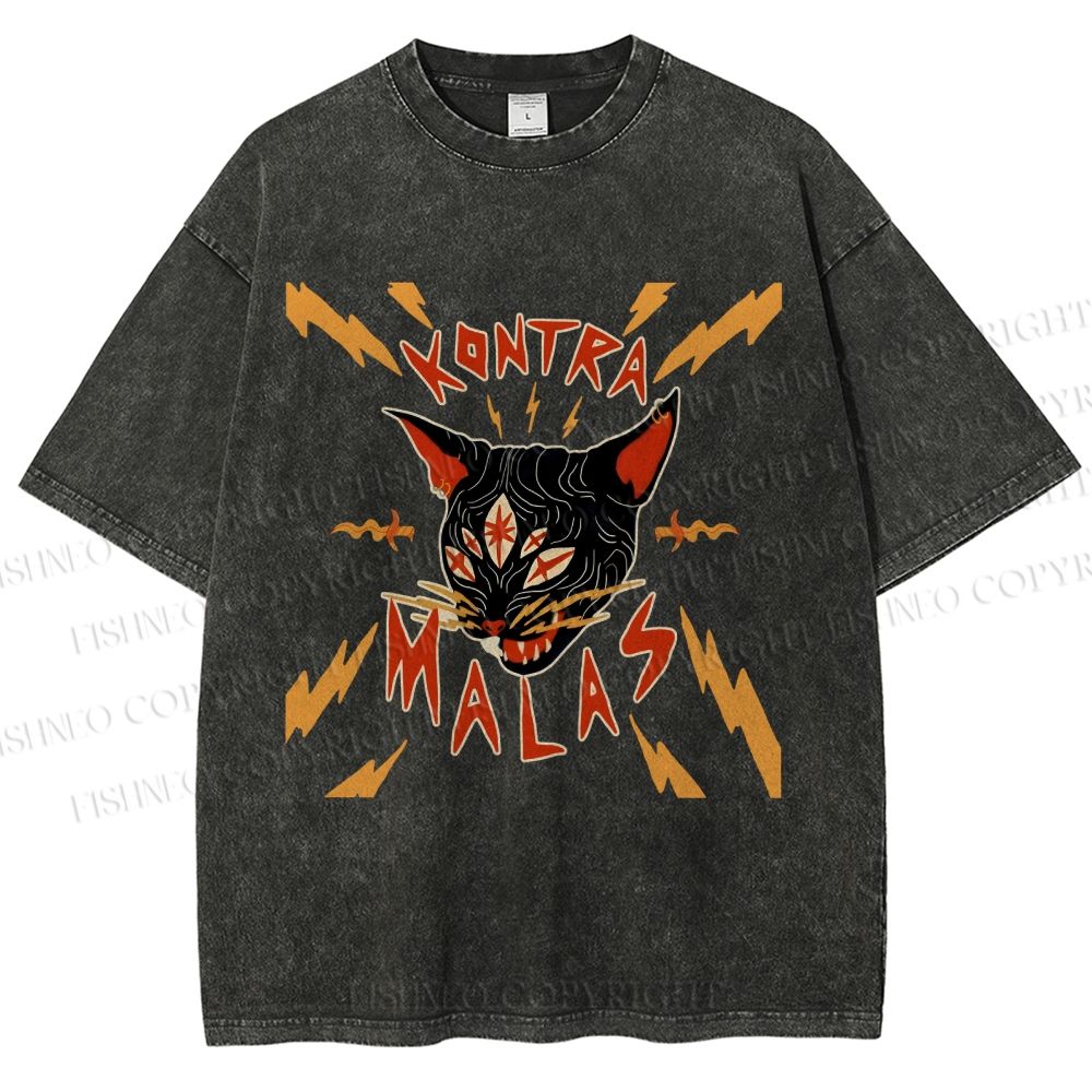 Unisex Kontra Malas Lighting Cat Printed Washed Tee