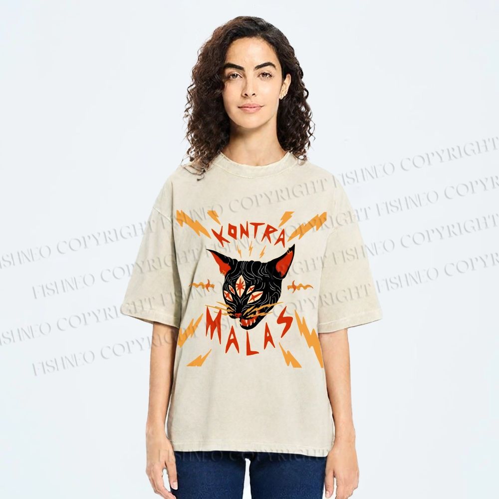 Unisex Kontra Malas Lighting Cat Printed Washed Tee