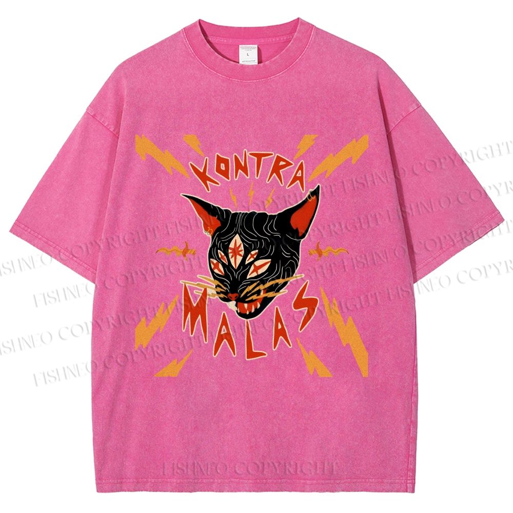 Unisex Kontra Malas Lighting Cat Printed Washed Tee
