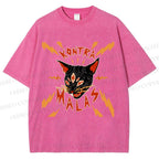 Unisex Kontra Malas Lighting Cat Printed Washed Tee