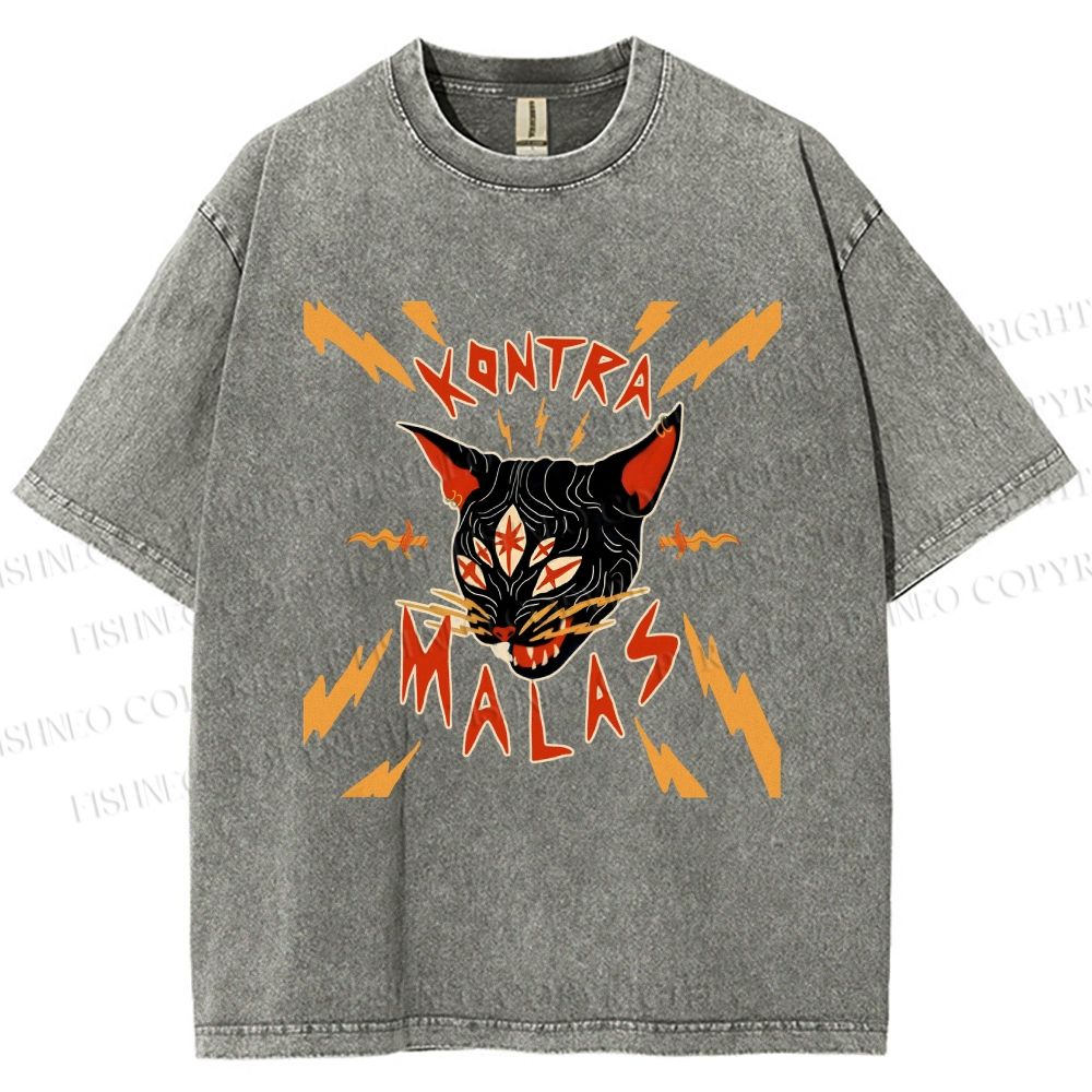 Unisex Kontra Malas Lighting Cat Printed Washed Tee