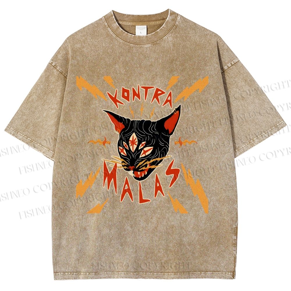 Unisex Kontra Malas Lighting Cat Printed Washed Tee
