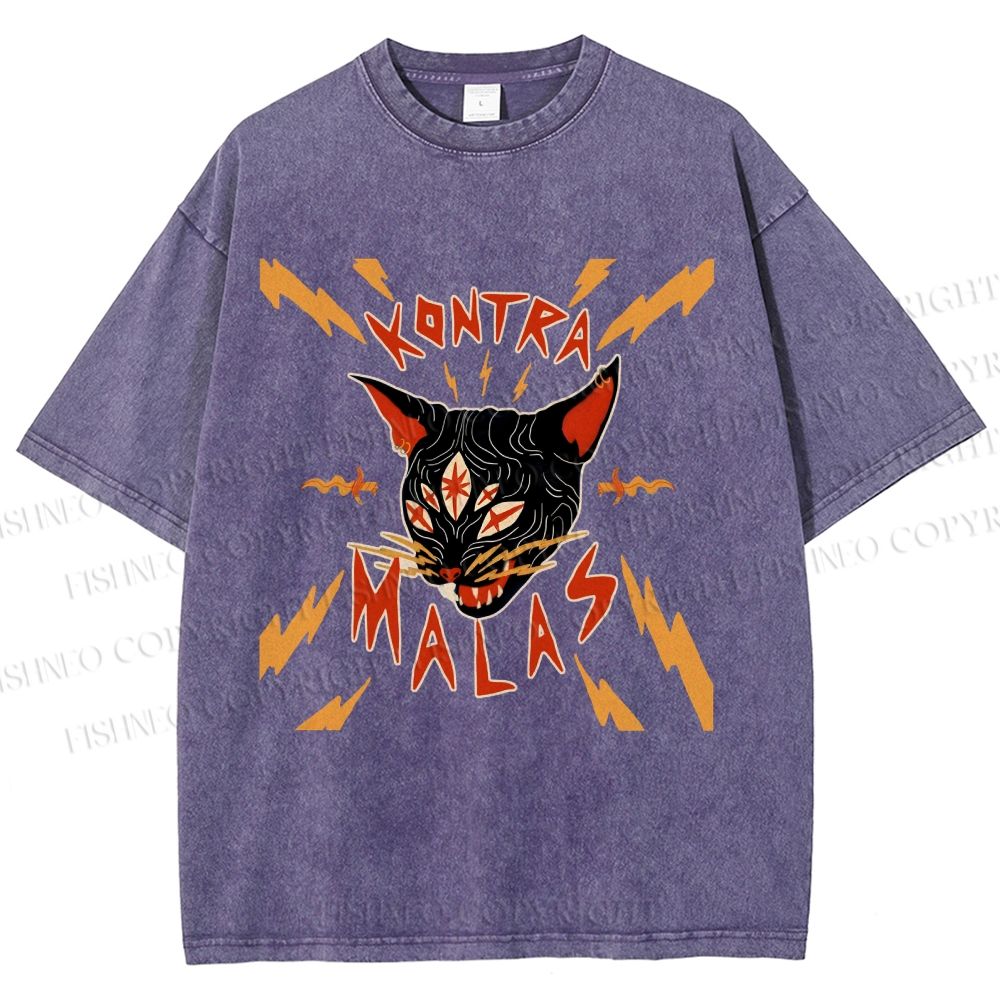 Unisex Kontra Malas Lighting Cat Printed Washed Tee