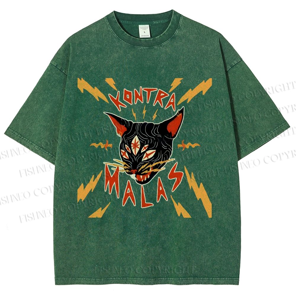 Unisex Kontra Malas Lighting Cat Printed Washed Tee