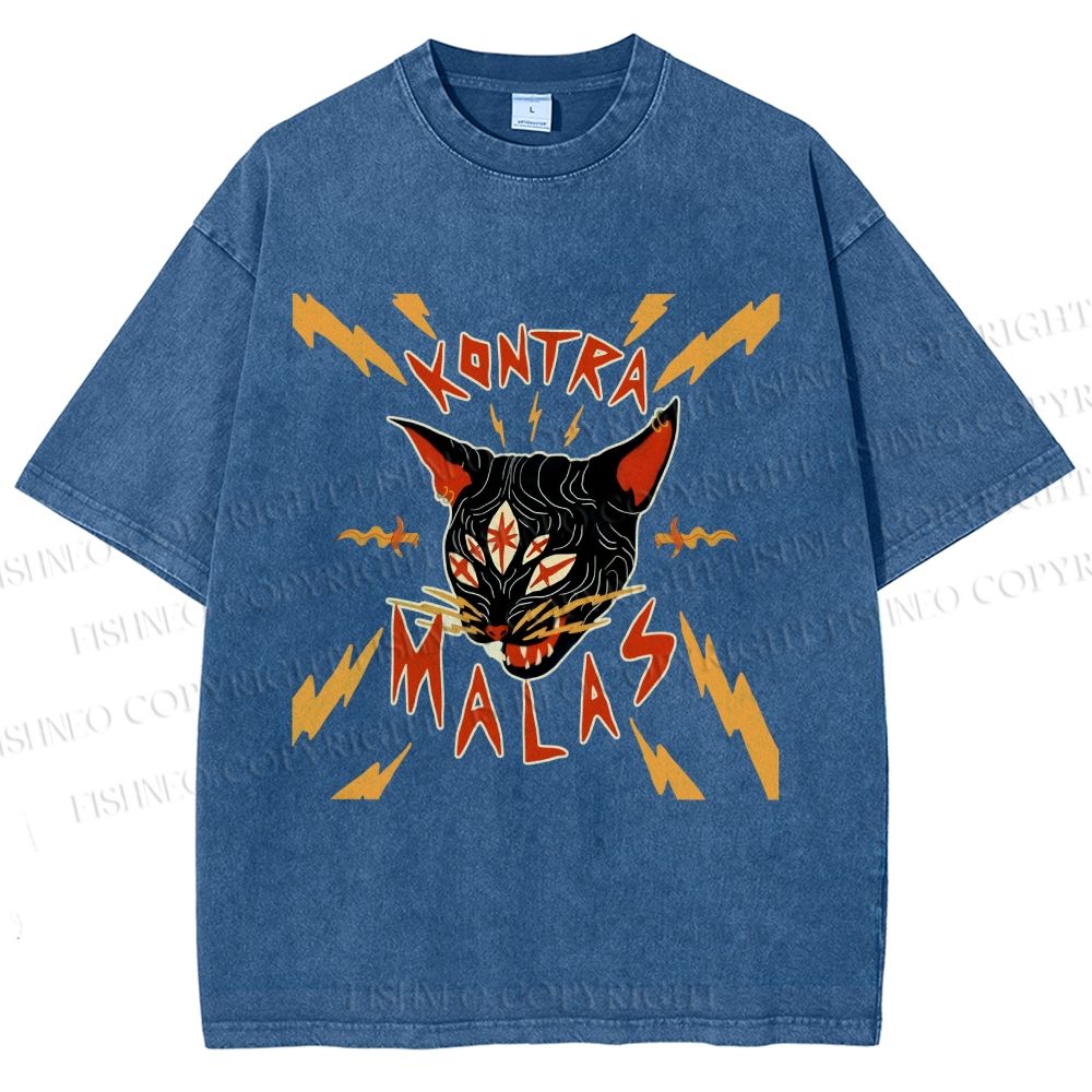 Unisex Kontra Malas Lighting Cat Printed Washed Tee