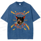 Unisex Kontra Malas Lighting Cat Printed Washed Tee
