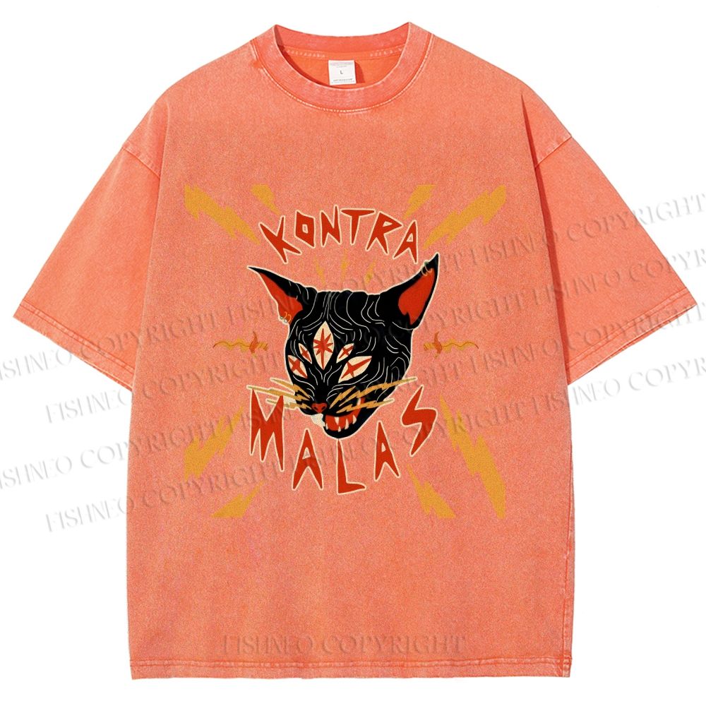 Unisex Kontra Malas Lighting Cat Printed Washed Tee