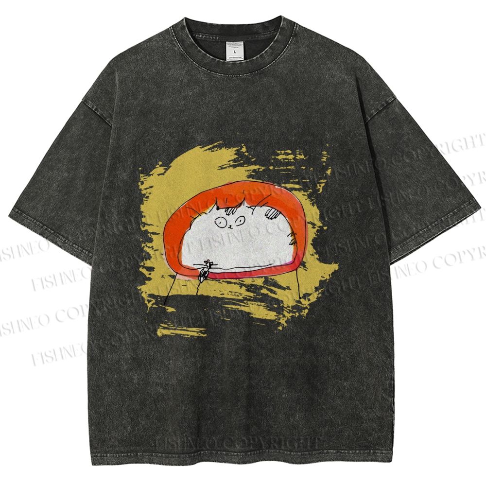 Unisex Scribbled Cat On Chair Printed Washed Tee