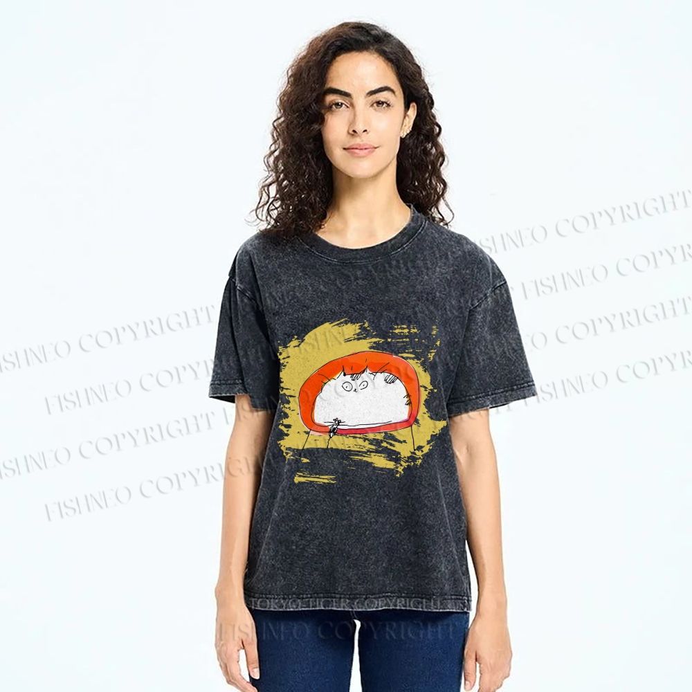 Unisex Scribbled Cat On Chair Printed Washed Tee