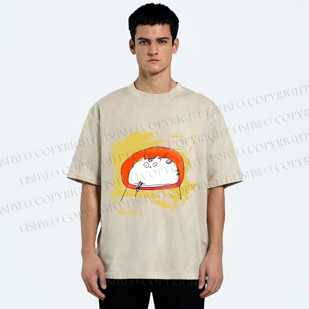 Unisex Scribbled Cat On Chair Printed Washed Tee