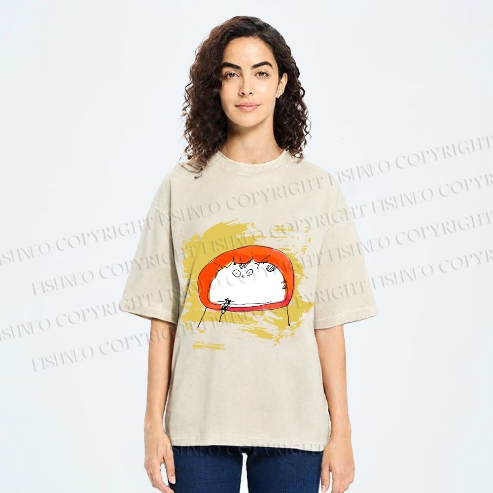 Unisex Scribbled Cat On Chair Printed Washed Tee