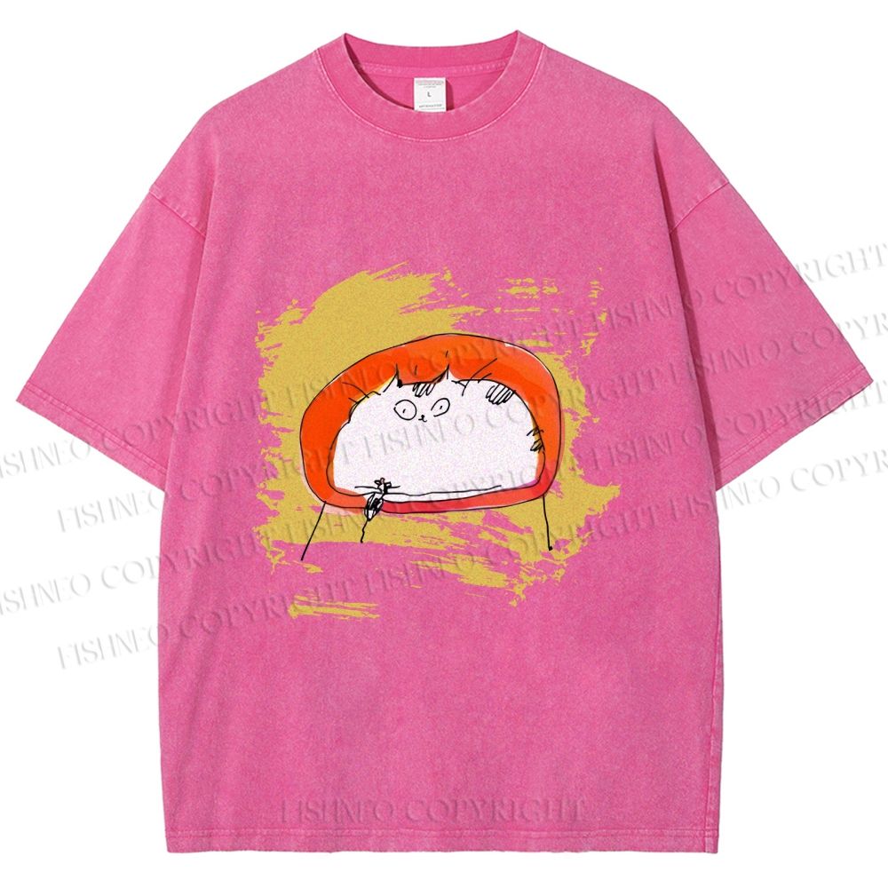 Unisex Scribbled Cat On Chair Printed Washed Tee