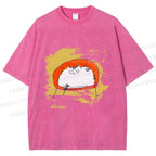 Unisex Scribbled Cat On Chair Printed Washed Tee
