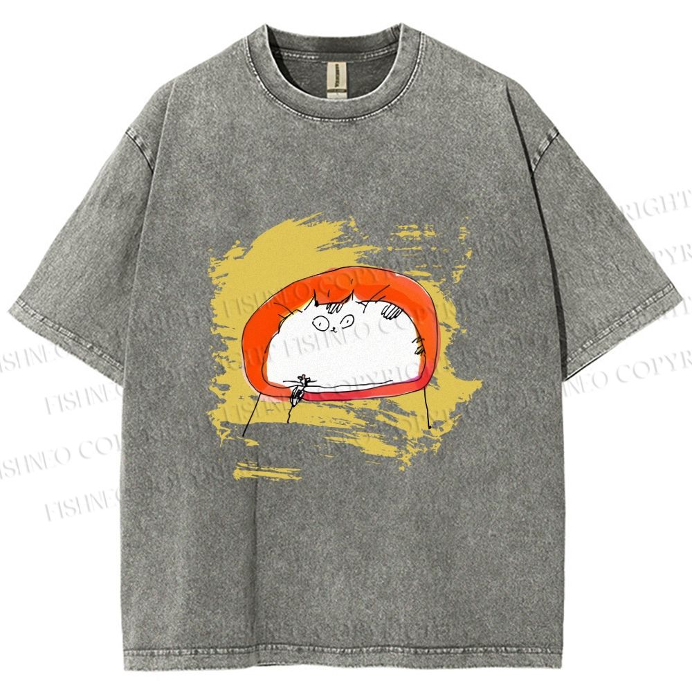 Unisex Scribbled Cat On Chair Printed Washed Tee