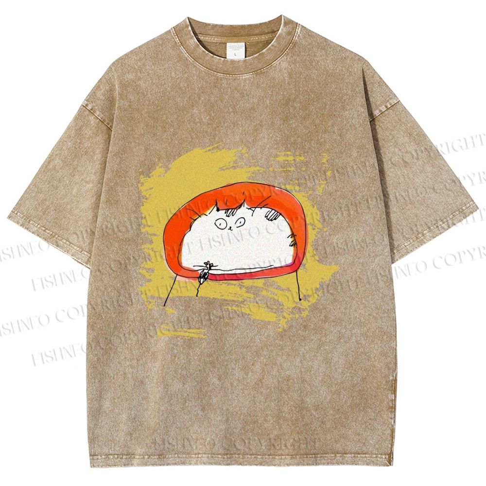 Unisex Scribbled Cat On Chair Printed Washed Tee