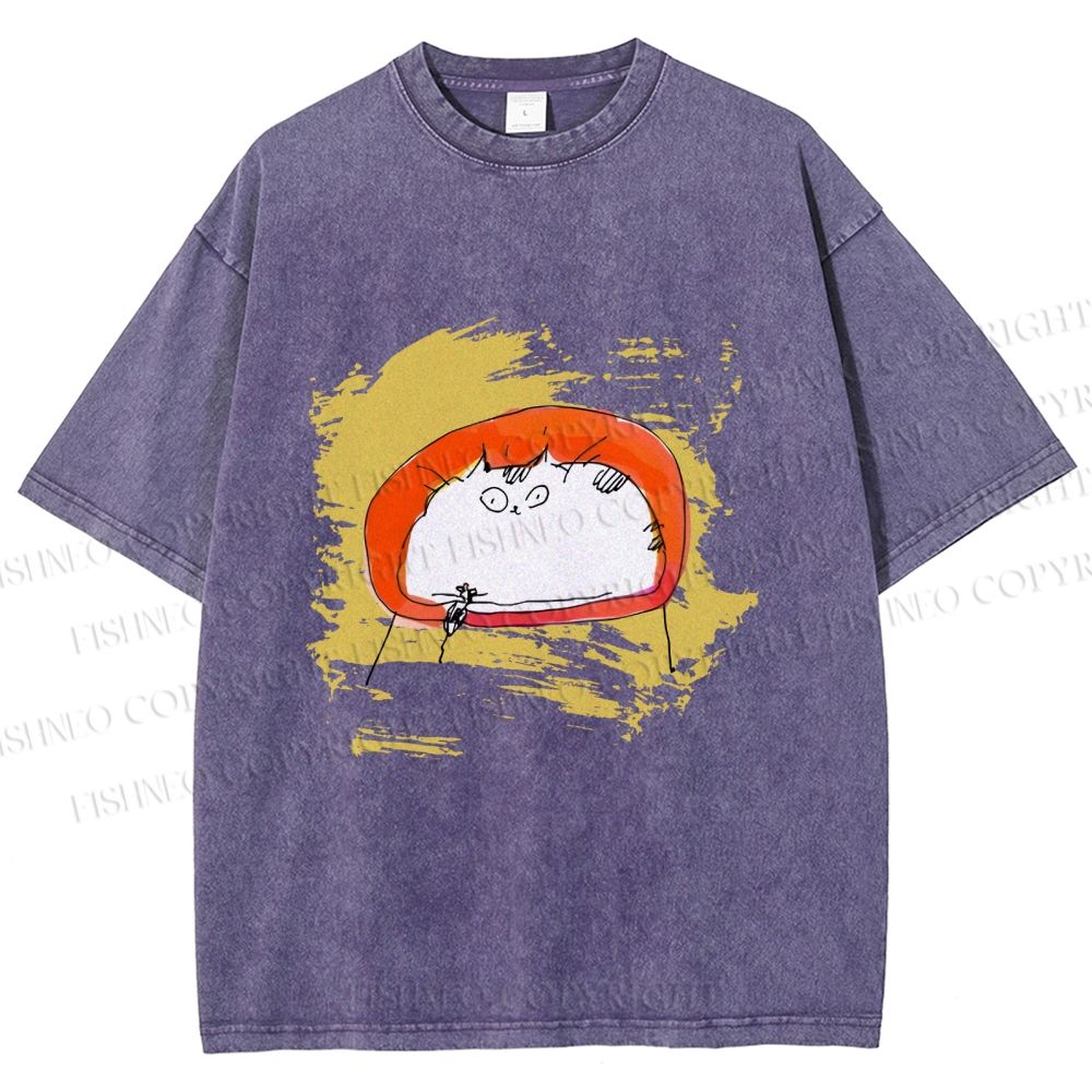 Unisex Scribbled Cat On Chair Printed Washed Tee