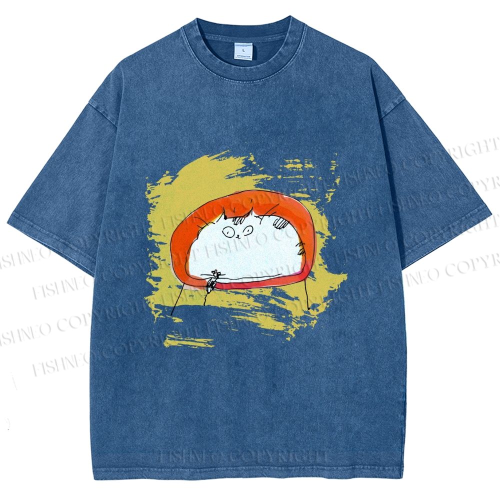 Unisex Scribbled Cat On Chair Printed Washed Tee