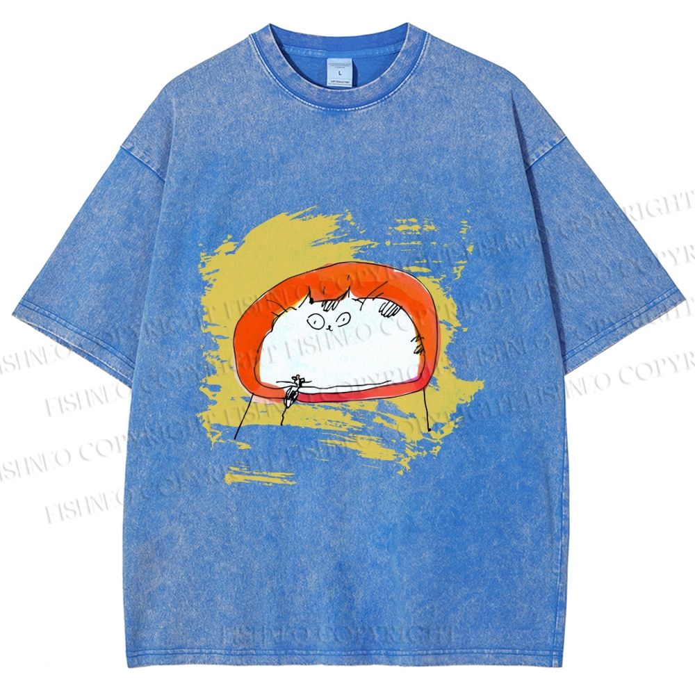 Unisex Scribbled Cat On Chair Printed Washed Tee