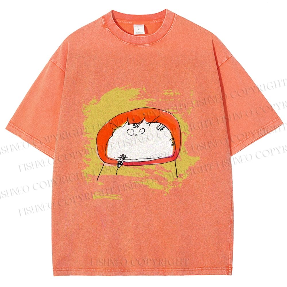 Unisex Scribbled Cat On Chair Printed Washed Tee