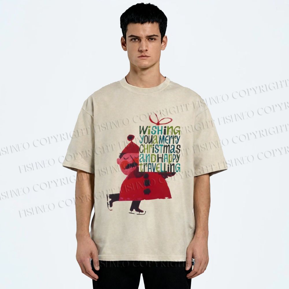 Unisex Christmas Gift From Skating Man Printed Washed Tee