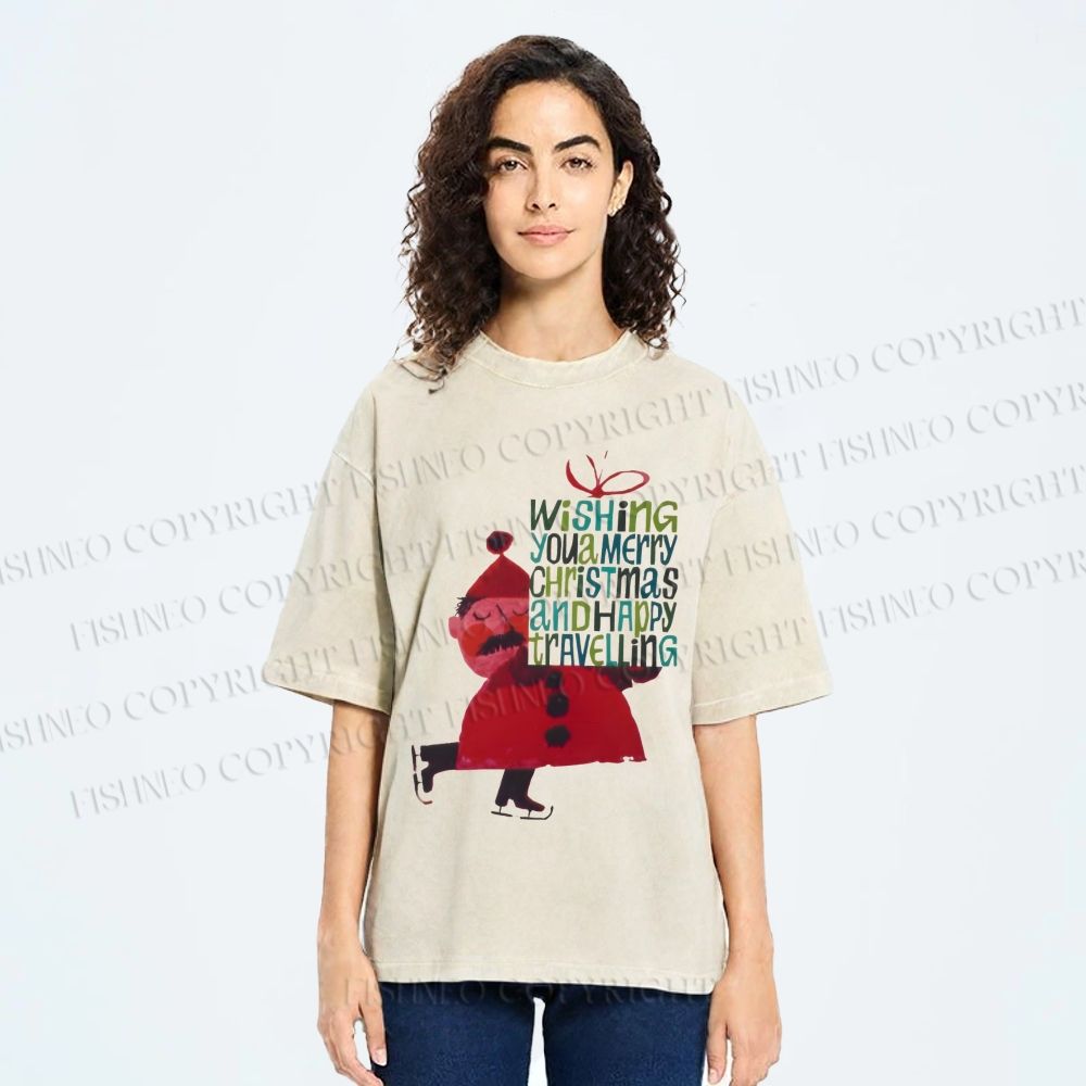 Unisex Christmas Gift From Skating Man Printed Washed Tee