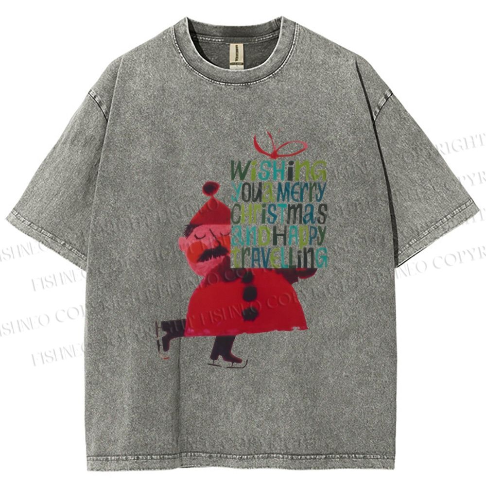 Unisex Christmas Gift From Skating Man Printed Washed Tee