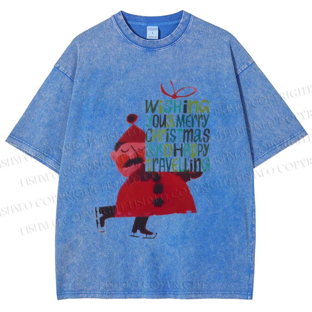 Unisex Christmas Gift From Skating Man Printed Washed Tee