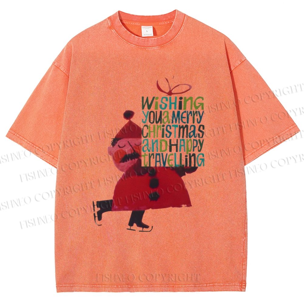 Unisex Christmas Gift From Skating Man Printed Washed Tee