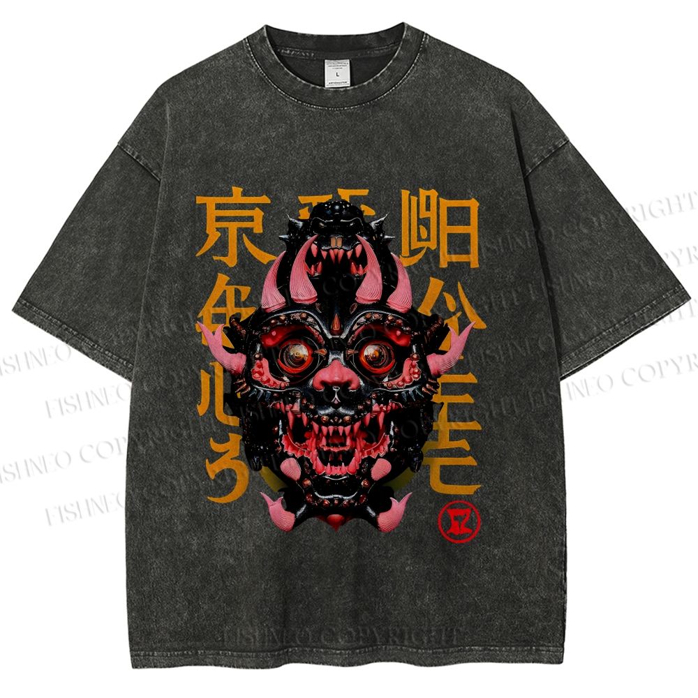 Unisex Japanese Monster Vintage Printed Washed Tee