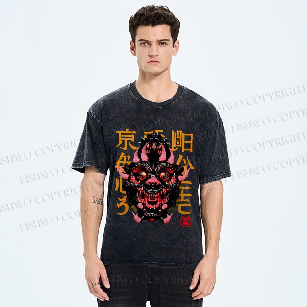Unisex Japanese Monster Vintage Printed Washed Tee