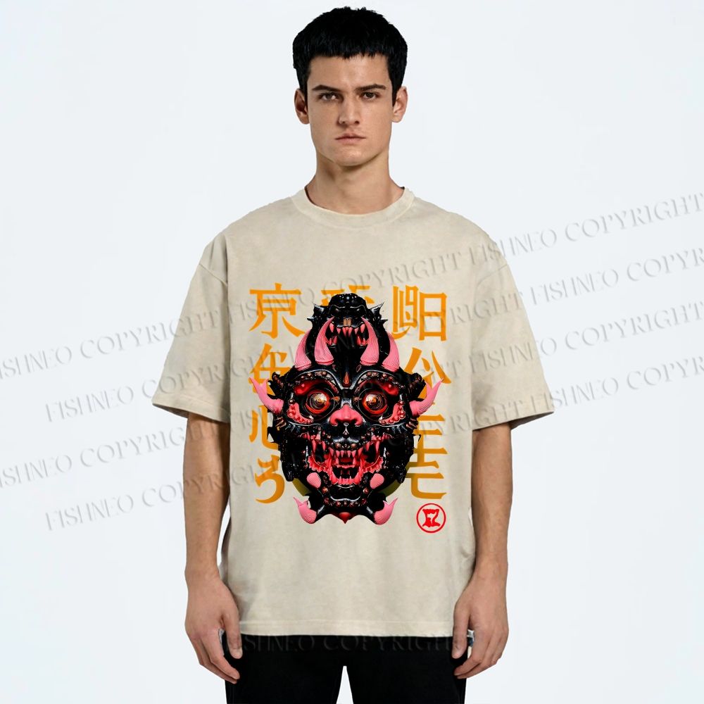 Unisex Japanese Monster Vintage Printed Washed Tee