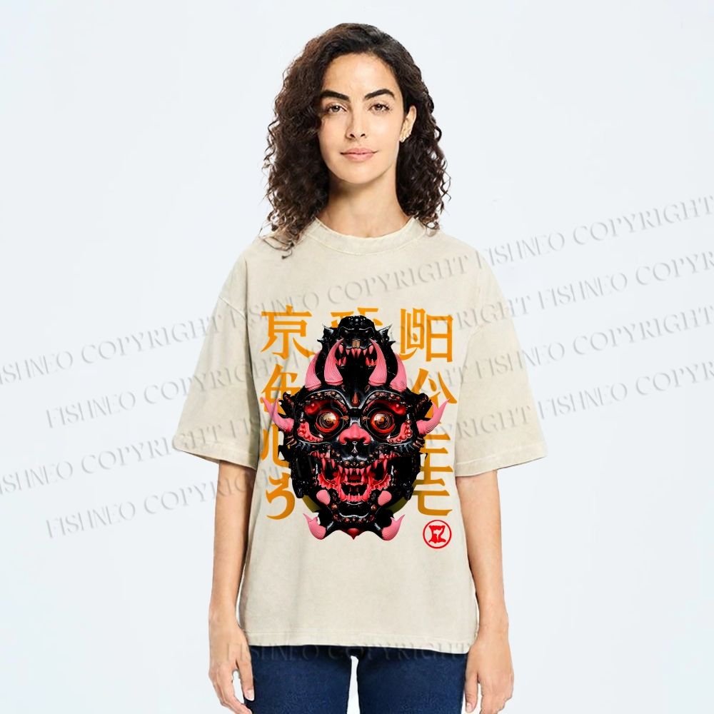 Unisex Japanese Monster Vintage Printed Washed Tee